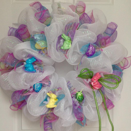 The Holiday Aisle® Easter Ribbon Wreath with Bunnies and Eggs Wayfair